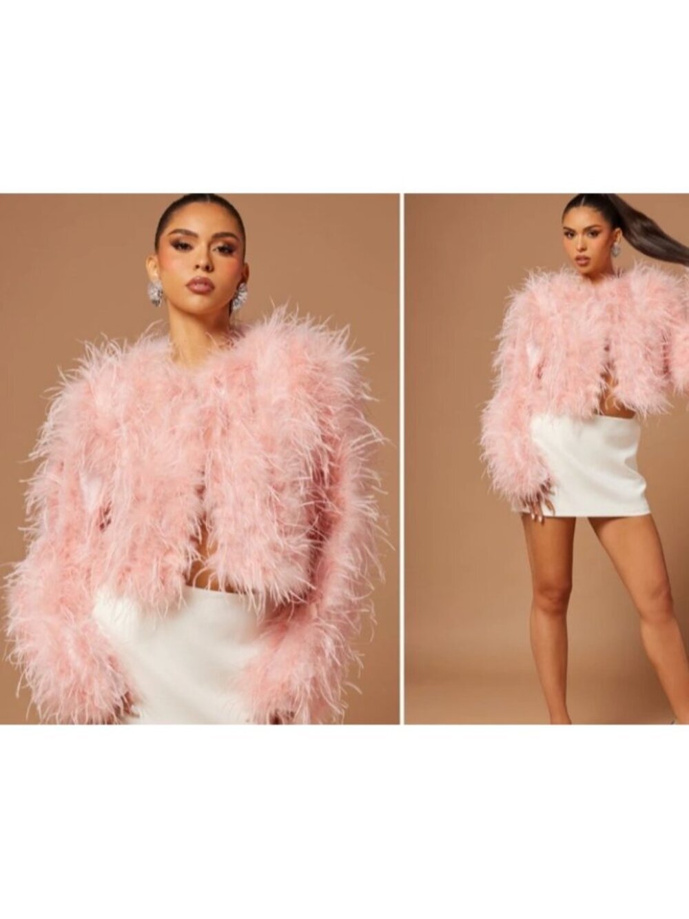 Fashion Nova Luxe Chamara Chelsea Pink Real Feather Cropped Jacket Glam Size S